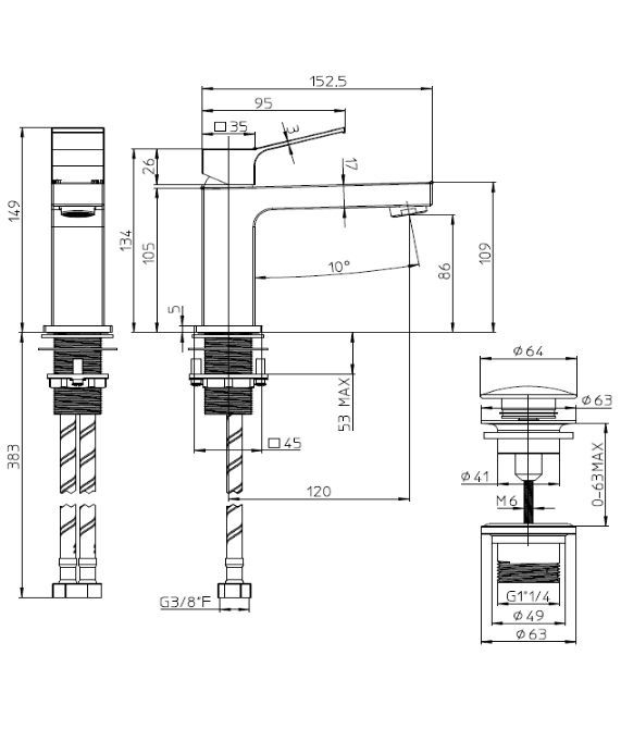 Смеситель однорычажный для раковины BOSSINI AKI Z00707.073 c донным клапаном, цвет Чёрный матовый