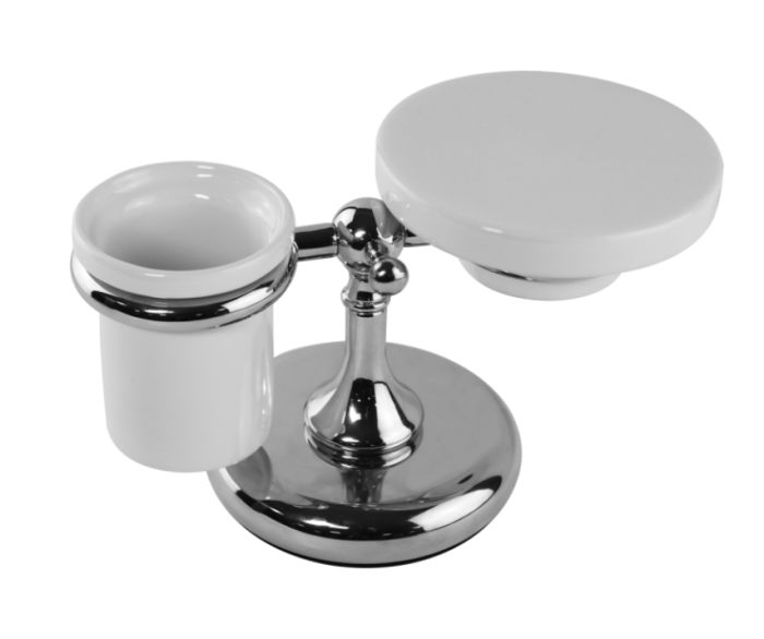 Держатель из латуни настольный BOSSINI CLASSIC V50312.030 с керамическим стаканом и мыльницей, цвет Хром/Белый