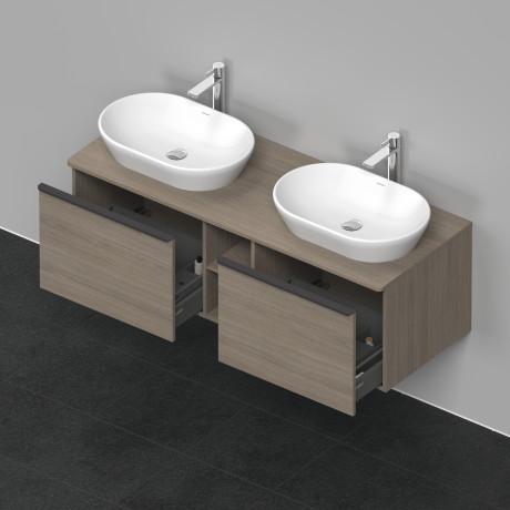 Тумба подвесная под две раковины DURAVIT D-Neo DE4950B3535 1400 мм х 550 мм, с 2 выдвижными ящиками и открытой полкой, дуб терра