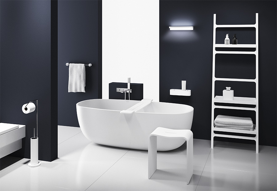 Полотенцедержатель-лестница, напольный  DECOR WALTHER (STONE HTLA)  0932050  180 X 60 X 34 см, 5 перекладин, 3 полочки, материал Solid Surface, цвет  белый матовый