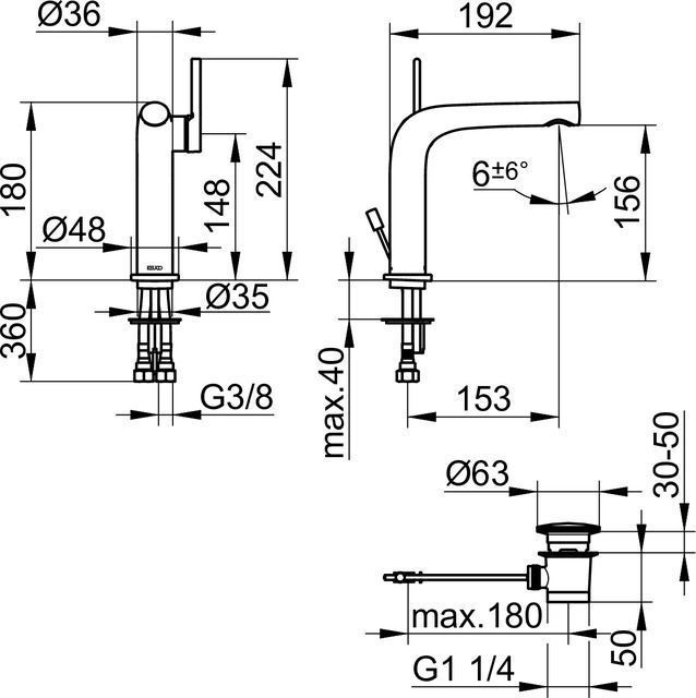 Однорычажный смеситель для раковины Keuco Edition 400 51502 050000 с донным клапаном, шлифованный никель