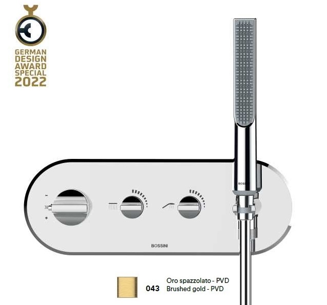 Наружная часть термостатического смесителя для душа BOSSINI Apice Z00522.043 на 2 потребителя, с ручным душем-палочкой, вентилями и шлангом, брашированное золото