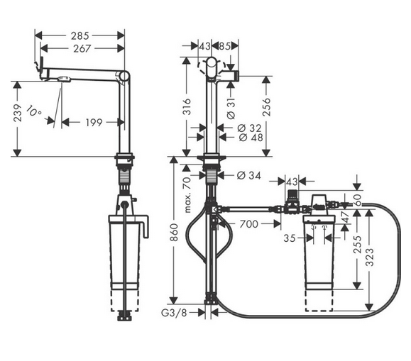 Кухонный однорычажный смеситель с вытяжным душем HANSGROHE Aquno Select M81 73830670 2jet, sBox, цвет Чёрный матовый