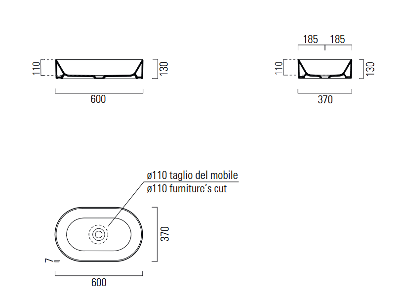 Раковина накладная овальная GSI KUBE X 9458PVC11 600 мм х 370 мм, без отверстия под смеситель, без перелива, с донным клапаном, цвет Белый глянцевый
