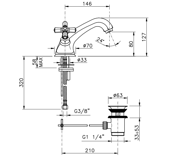 Смеситель для раковины NICOLAZZI TEIDE 1932BZ45 с донным клапаном, с крестообразными вентилями, бронза