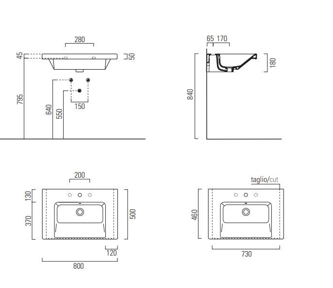 Раковина подвесная/встраиваемая GSI NORM 8634111 800 мм х 500 мм, с 1 отверстием под смеситель, с переливом, белая глянцевая