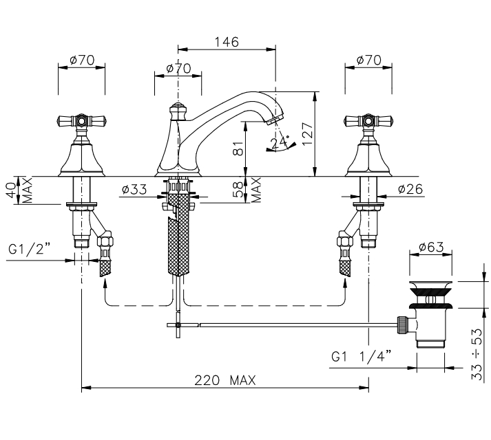 Смеситель для раковины NICOLAZZI TEIDE 1908BZ45 с донным клапаном, с крестообразными вентилями, бронза