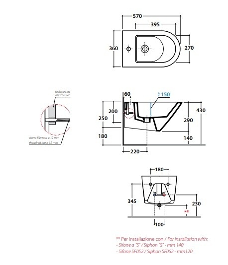 Биде подвесное GLOBO FORTY3 FOS09BI 360 мм х 570 мм, с отверстием под смеситель, с креплением, белый глянцевый