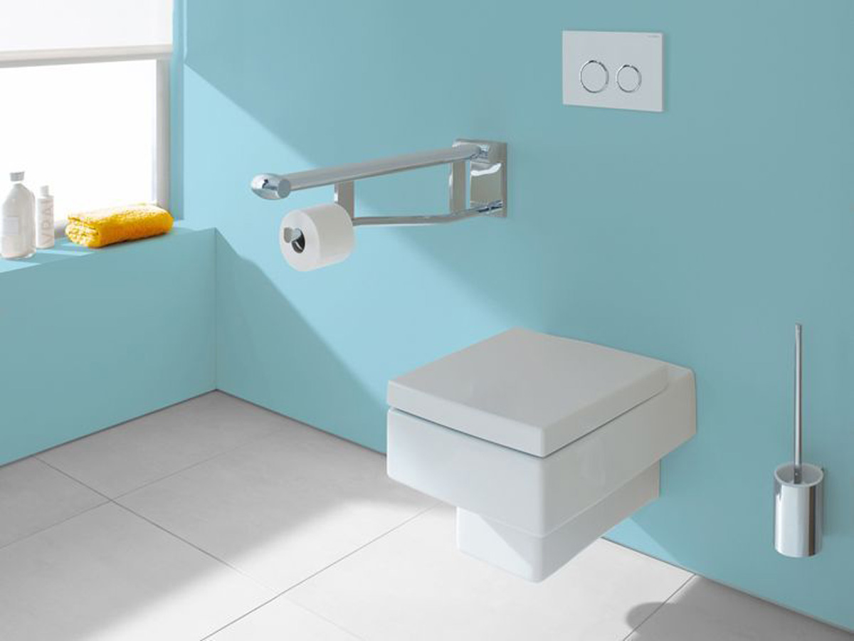 Настенный поручень для туалета KEUCO Plan Care 34903 171737 откидывается наверх, с ограничением хода, исполнение справа, алюминий серебристый анодированный/тёмно-серый