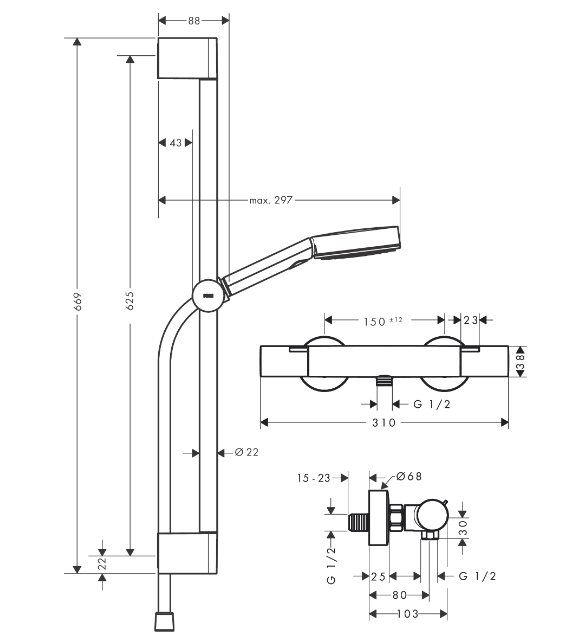 Душевой набор c термсостатом HANSGROHE Pulsify Select 24262670 105 3jet, c EcoSmart и душевой штангой 650 мм, цвет Чёрный матовый