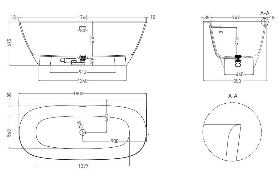 Пристенная ванна с овальной чашей SOFIA WALL 102513G 1800х850х615 мм, S-Sense, донный клапан, сифон, интегрированный слив-перелив, цвет Белый глянцевый