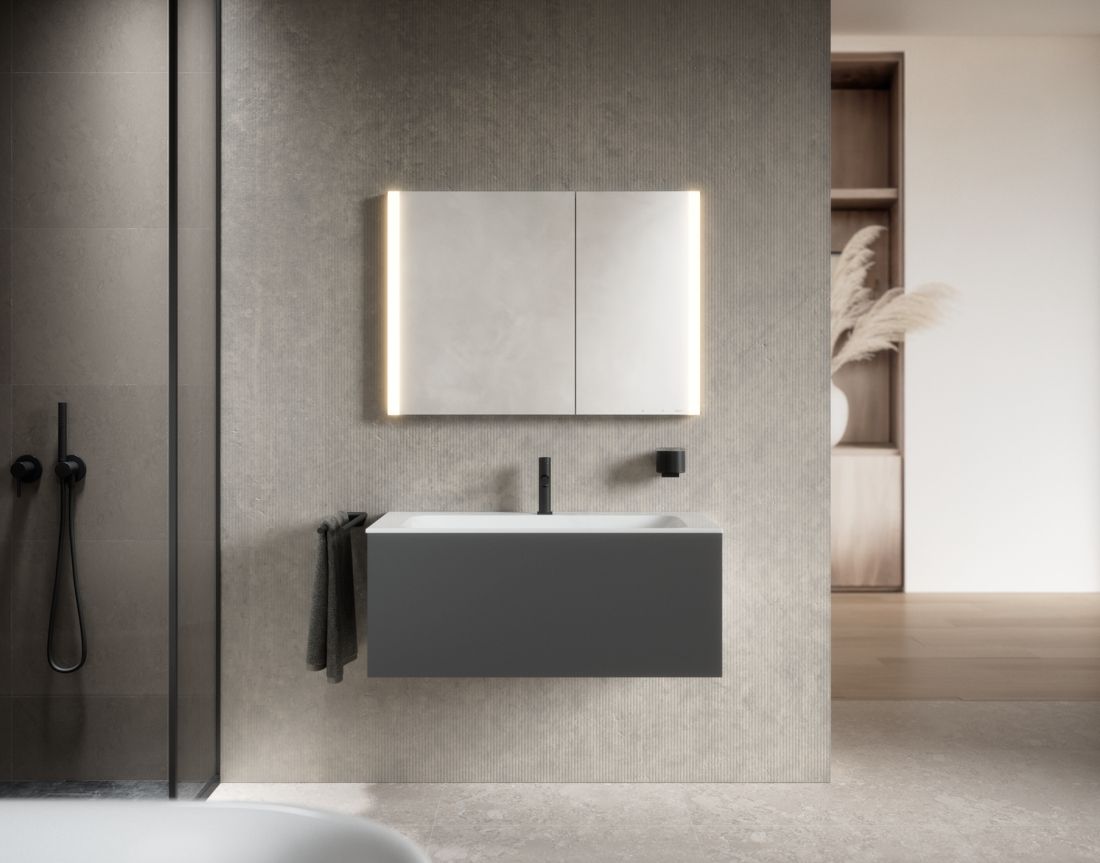 Зеркальный шкаф с подсветкой и подогревом для встраиваемого монтажа KEUCO Somaris 14513 852201 115 мм х 1000 мм х 710 мм, с 2 поворотными ассиметричными дверцами, цвет корпуса под Светлый дуб