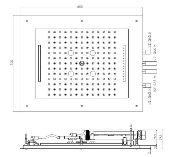 Верхний душ с накладной рамой и хромотерапией для подвесного потолка BOSSINI FRAME/4 RGB HI0928.030 600 мм х 500 мм, с 4 режимами струи, Хром