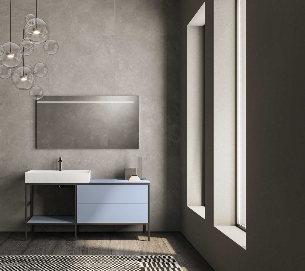 Комплект мебели для ванной комнаты BMT BLUES 4.0 BL4-16  1568х1900х460 мм консоль, тумба, раковина и зеркало, цвет Matt Powder Blue/White Deikon/Nero Opaco