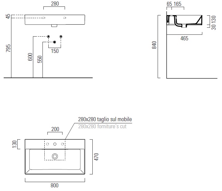 Раковина накладная/подвесная GSI KUBE X 9422111 800 мм х 470 мм, с 1 отверстием под смеситель, с переливом, без крепежа, белая глянцевая