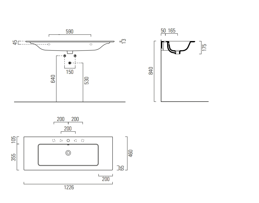 Раковина накладная/подевсная GSI PURA 8840111 1220 мм х 460 мм, с отверстием под смеситель, с переливом, белый глянцевый