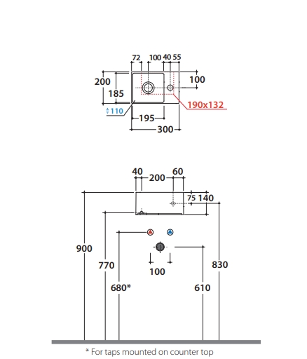 Раковина накладная GLOBO T-EDGE B6R30BI 300 мм х 200 мм х 140 мм, с отверстием под смеситель справа, без перелива, белая глянцевая