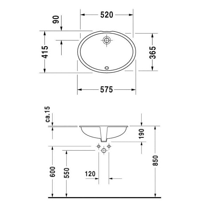 Раковина встраиваемая снизу DURAVIT Bacino 0481570000 520 мм х 365 мм, без отверстия для смесителя, с переливом, цвет Белый глянцевый