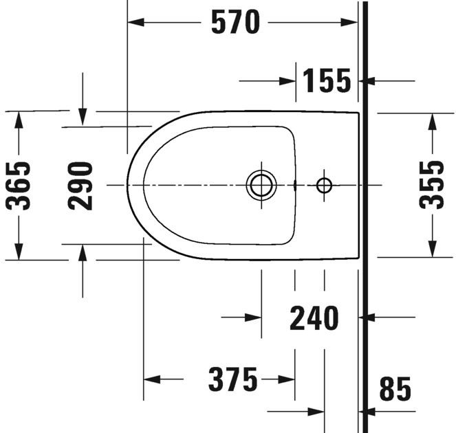 Биде пристенное DURAVIT Duravit No.1 2296100000 570 мм х 355 мм, с переливом, с отверстием под смеситель, с креплением, белое