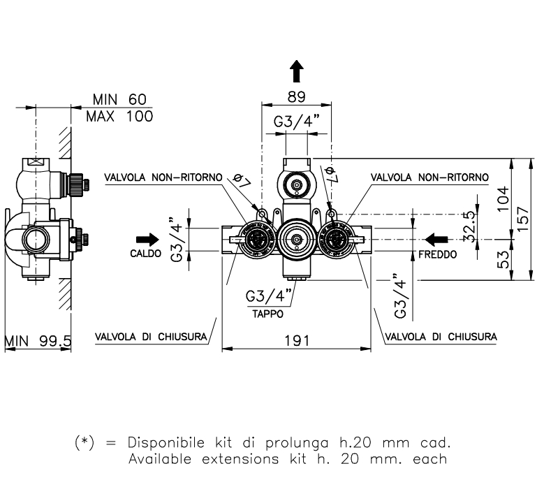 Внутренняя часть термостата для душа NICOLAZZI THERMOSTATICO 4910 с запорным вентилем, хром
