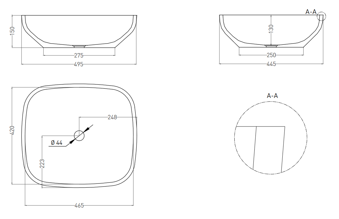 Раковина накладная прямоугольная SALINI GLORIA 08 1102208M 495х445х150мм, S-Stone, без донного клапана, цвет Белый матовый