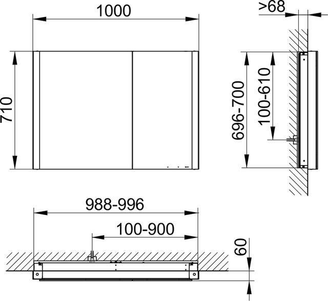 Зеркальный шкаф с подсветкой и подогревом для встраиваемого монтажа KEUCO Somaris 14513 852201 115 мм х 1000 мм х 710 мм, с 2 поворотными ассиметричными дверцами, цвет корпуса под Светлый дуб