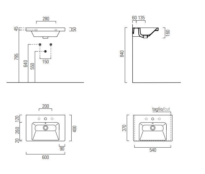 Раковина подвесная/встраиваемая GSI NORM 8636111 600 мм х 400 мм, с 1 отверстием под смеситель, с переливом, белая глянцевая