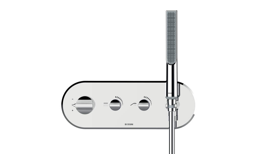 Наружная часть термостатического смесителя для душа BOSSINI Apice Z00523.030 на 2 потребителя, с ручным душем-палочкой, вентилями и шлангом, хром