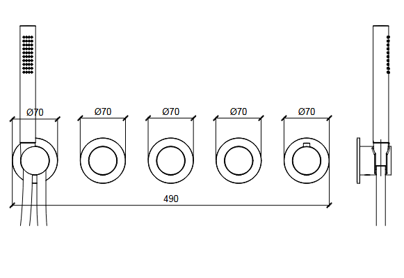 Внешняя часть термостата с круглыми отражателями ALMAR MODULAR PUSH E180434.HB с ручным душем, на 3 потребителя, цвет Nichel Brass