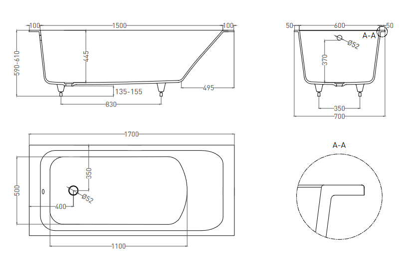 Встраиваемая прямоугольная ванна SALINI ORLANDA 102011M 700х1700х600 мм, с регулируемыми ножками, из S-Sense, цвет Белый матовый