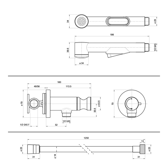 Комплект гигиенический  с прогрессивным смесителем BOSSINI MACAN E37032B.030 с лейкой и шлангом, чёрный матовый