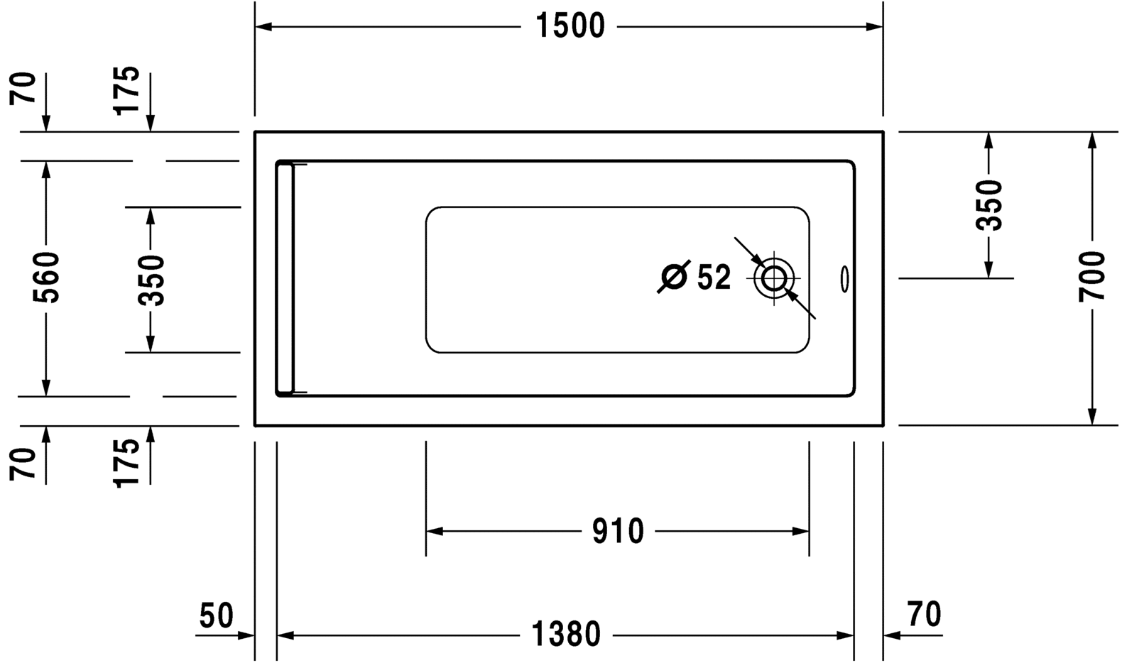 Акриловая ванна Duravit Starck 700331000000000 1500 х 700 c одним наклоном для спины, встраиваемая версия или версия с панелями, белая