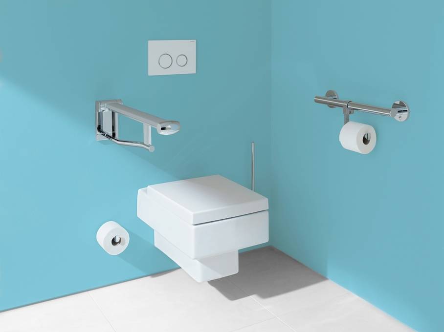 Настенный поручень для туалета KEUCO Plan Care 34903 172837 откидывается наверх, с ограничением хода, исполнение слева, алюминий серебристый анодированный/тёмно-серый