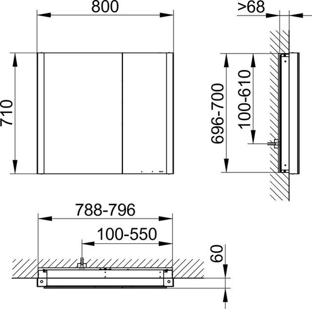 Зеркальный шкаф с подсветкой и подогревом для встраиваемого монтажа KEUCO Somaris 14512 372201 115 мм х 800 мм х 710 мм, с 2 поворотными ассиметричными дверцами, цвет корпуса Чёрный матовый