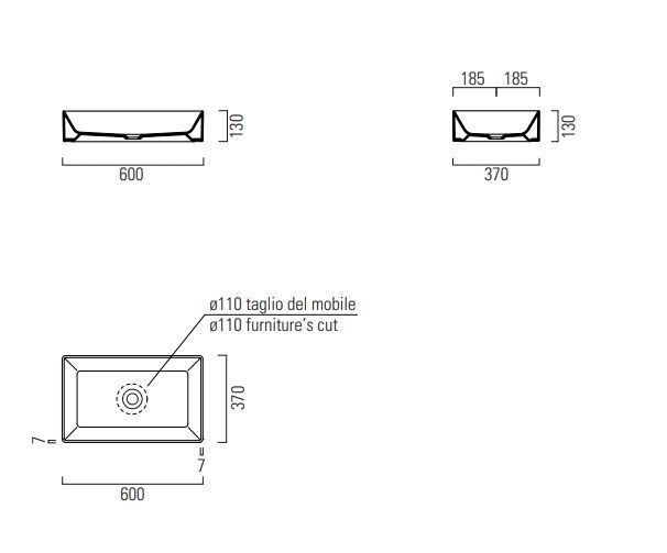 Раковина накладная прямоугольная GSI KUBE X 945311 600 мм х 370 мм, без отверстия под смеситель, без перелива, цвет Белый глянцевый