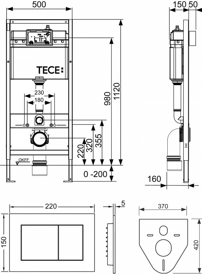 Застенный модуль TECE TECEbase K400407 комплект 4 в 1, с панелю смыва, чёрный матовый