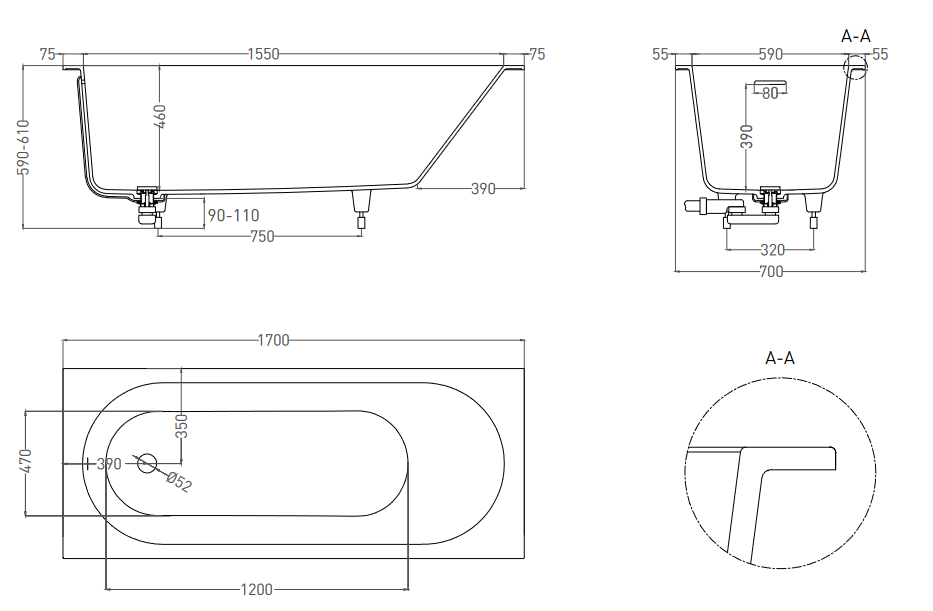 Встраиваемая овальная ванна SALINI ORNELLA KIT 102423M 700х1690х600 мм, S-Stone, регулируемые ножки, донный клапан "Click-Clack", сифон, интегрированный слив-перелив, цвет Белый матовый