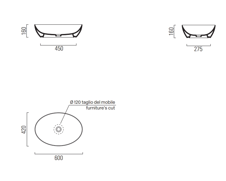 Раковина-чаша накладная GSI PURA 884211 600 мм х 420 мм, без отверстия под смеситель, без перелива, белый глянцевый