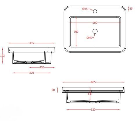 Раковина прямоугольная накладная/встраиваемая ARTCERAM FUORI SCALA TFL034 01 00  600х450 мм, с 1 отверстием под смеситель, без перелива, белая глянцевая