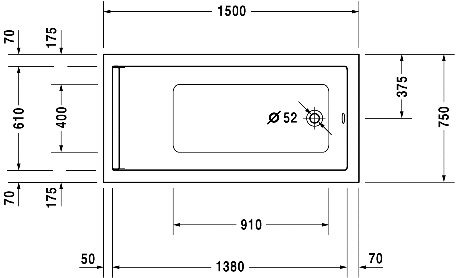 Акриловая ванна Duravit Starck 700332000000000 1500 х 750 c одним наклоном для спины, встраиваемая версия или версия с панелями, белая