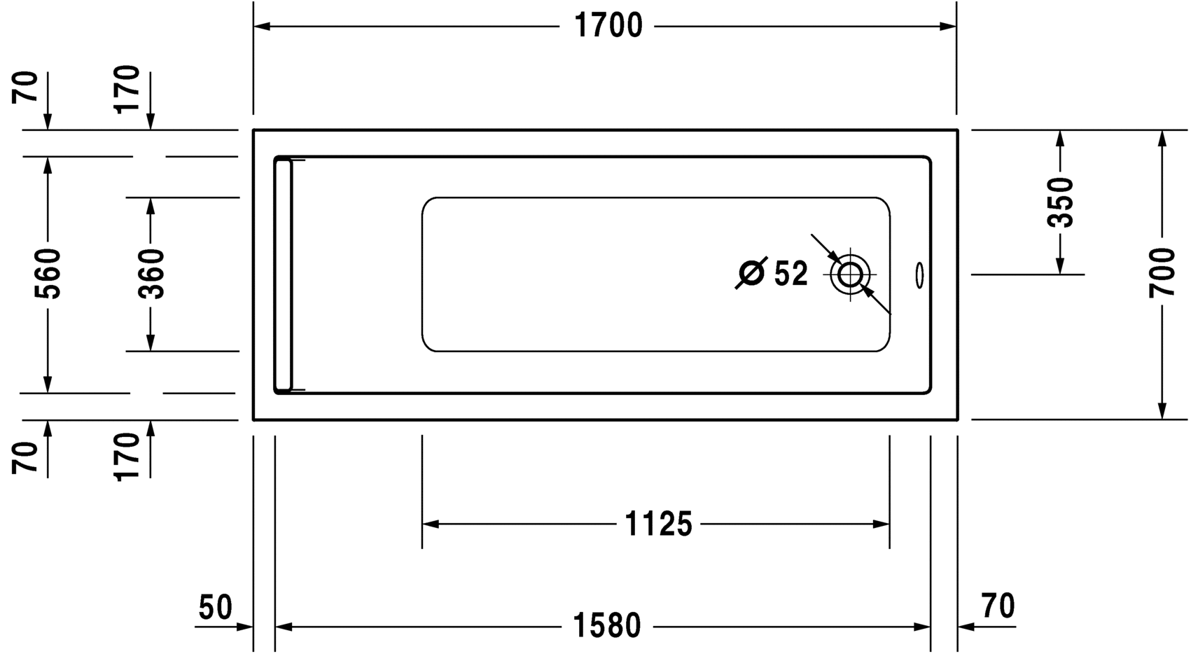 Акриловая ванна Duravit Starck 700334000000000 1700 х 700 c одним наклоном для спины, встраиваемая версия или версия с панелями, белая