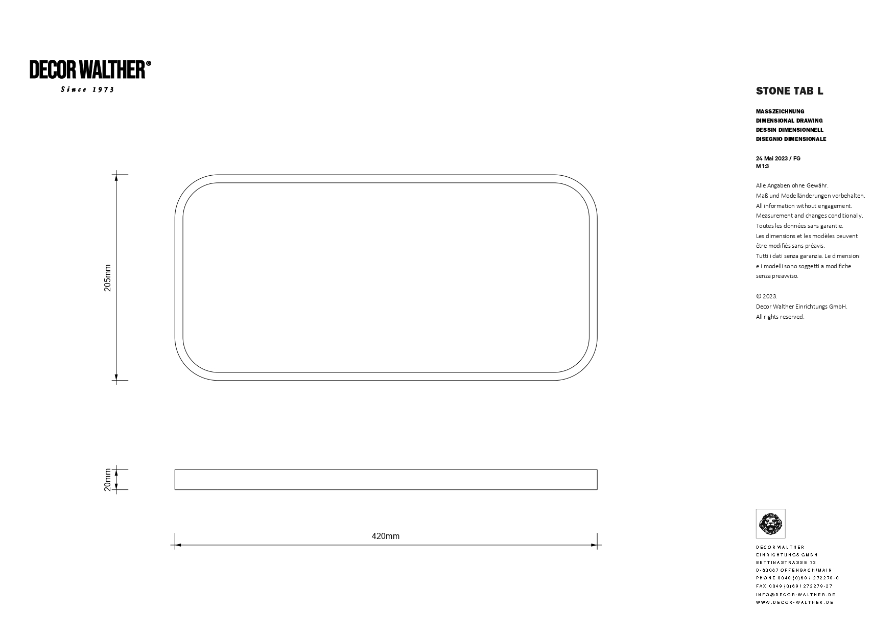 Лоток универсальный большой DECOR WALTHER  STONE TAB L   0975850   2 X 42 X 20,5 см, композит Solid Surface, белый матовый