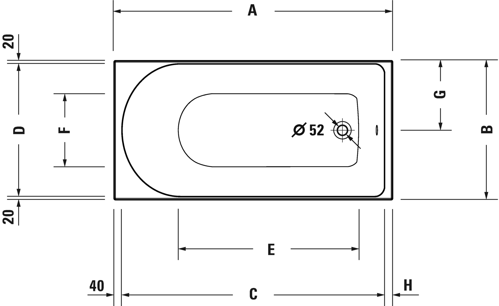 Встраиваемая акриловая ванна Duravit D-Neo 700472000000000 1600 мм х 700 мм, c одним наклоном для спины, белая