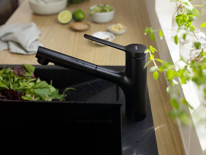 Смеситель однорычажный для кухни с вытяжным душем HANSGROHE ZESIS M33 2 JET 74803670 150 мм, с sBox lite, чёрный матовый