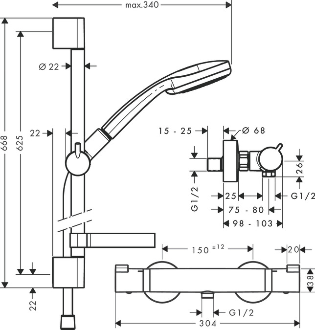 Душевой набор Hansgrohe Croma 100 Vario Ecostat Comfort Combi 27034000 с термостатом хром (изделие снято с производства)