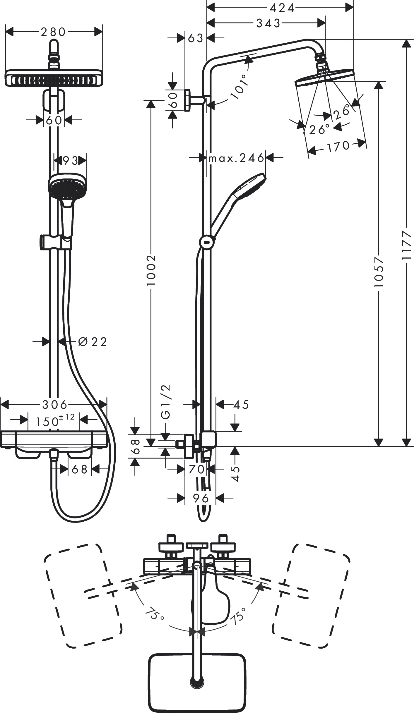 Душевая система с термостатом для душа HANSGROHE Croma E Showerpipe 27660000 280 1jet, c EcoSmart 9 л/мин, цвет Хром