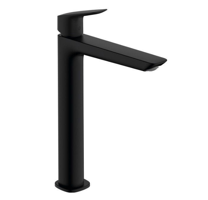 Высокий однорычажный смеситель для раковины HANSGROHE Logis Fine 71257670 со сливным гарнитуром, цвет Чёрный матовый