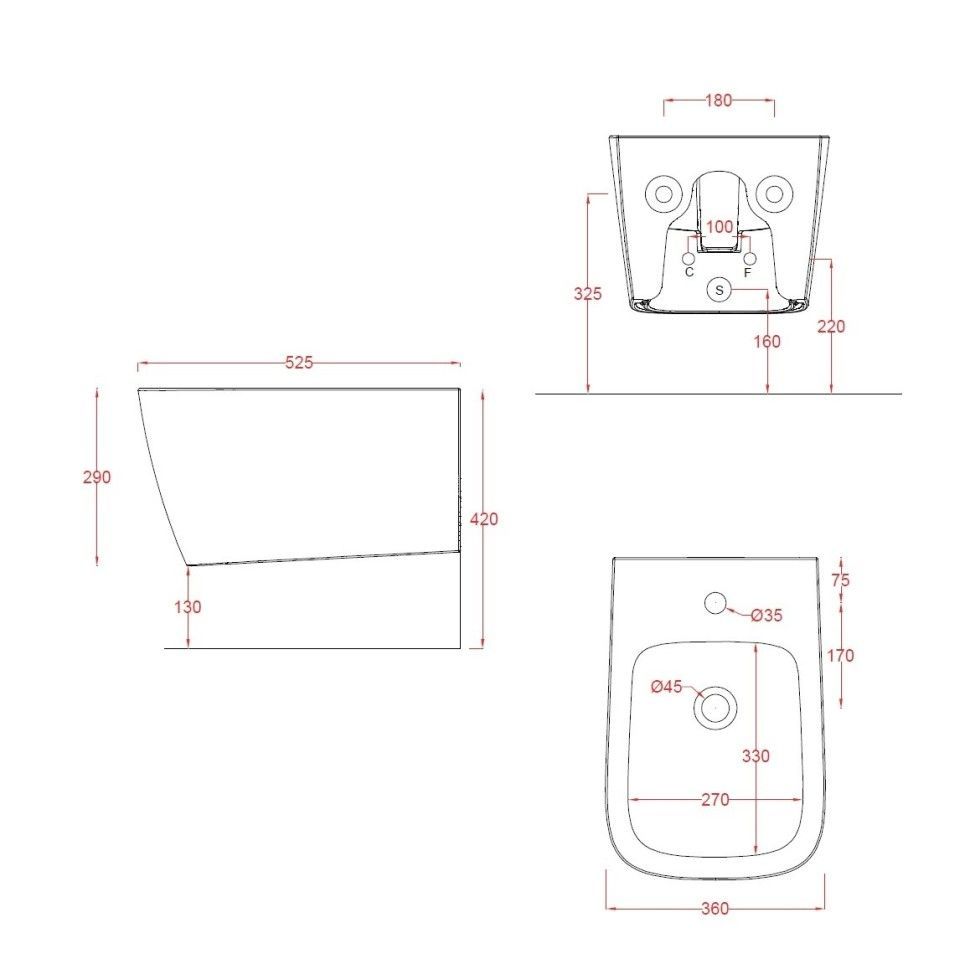 Биде повдесное ARTCERAM А16 ASB001 05 00 525 мм х 360 мм, с отверстием под смеситель, с переливом, цвет Белый матовый