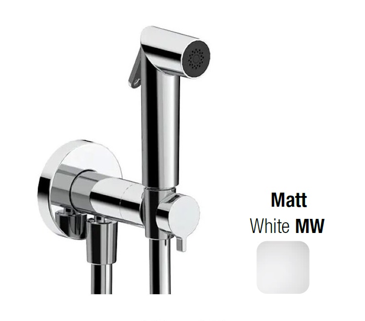 Гигиенический душ  ALMAR  SHUT OFF   E136013.MW   внешняя часть: смеситель  с прогрессивным картриджем, шланг 120 см,  лейка Athena,  латунь, цвет Matt White