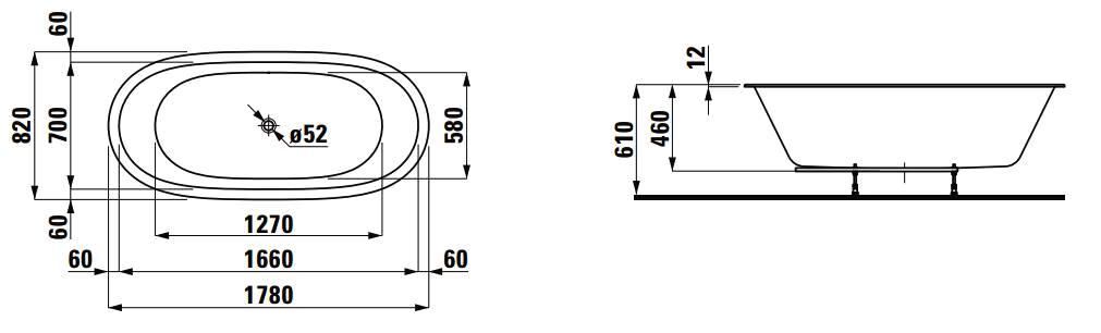 Встраиваемая  ванна  овальная   Laufen  IL Bagno Alessi   2.4597.1.000.000.1, 1780 x 820 мм,   из материала  Sentec,  с ножками, без каркаса, белая